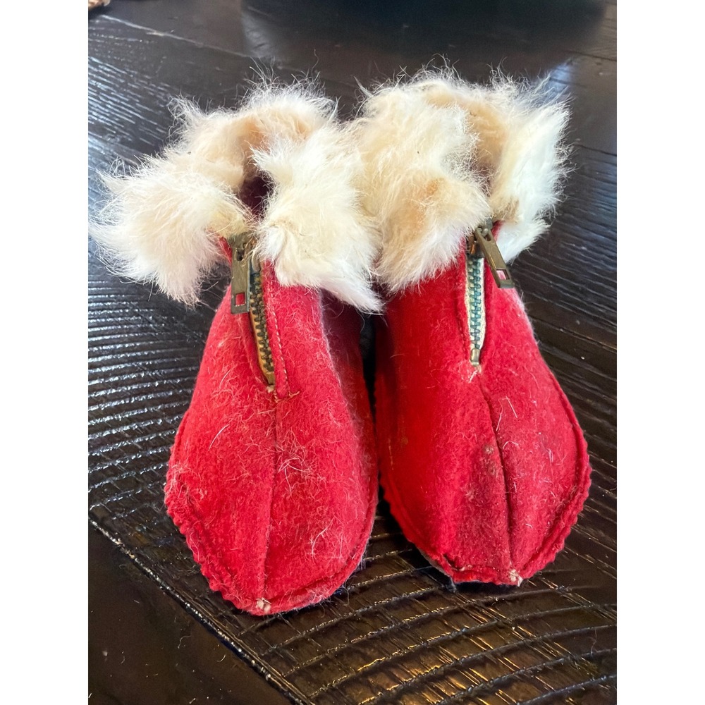 Vintage Red Felt Baby Moccasins Fur Trim Zipper Front Infant Boots Nursery Decor